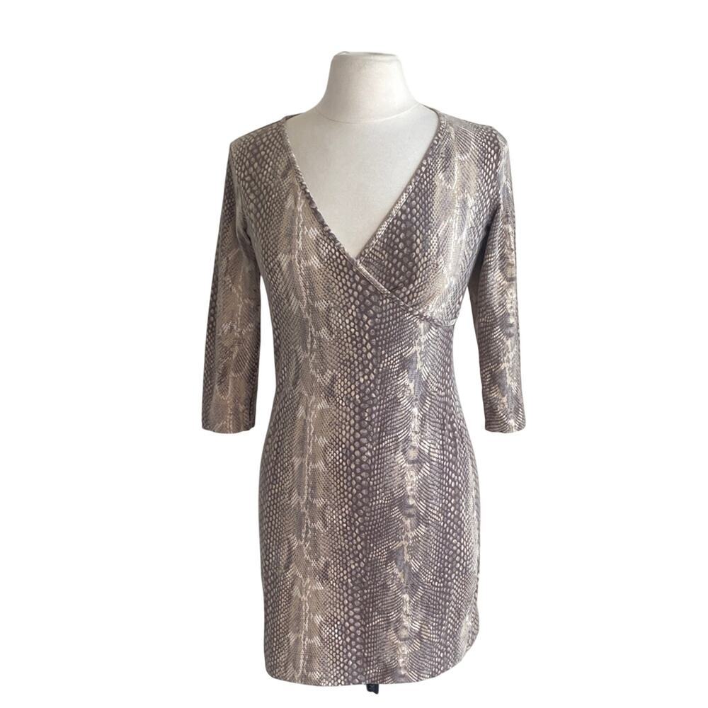 EXPRESS Wrap Dress Womens Sz Small Tan Snakeskin Print Fitted Knit Bodycon